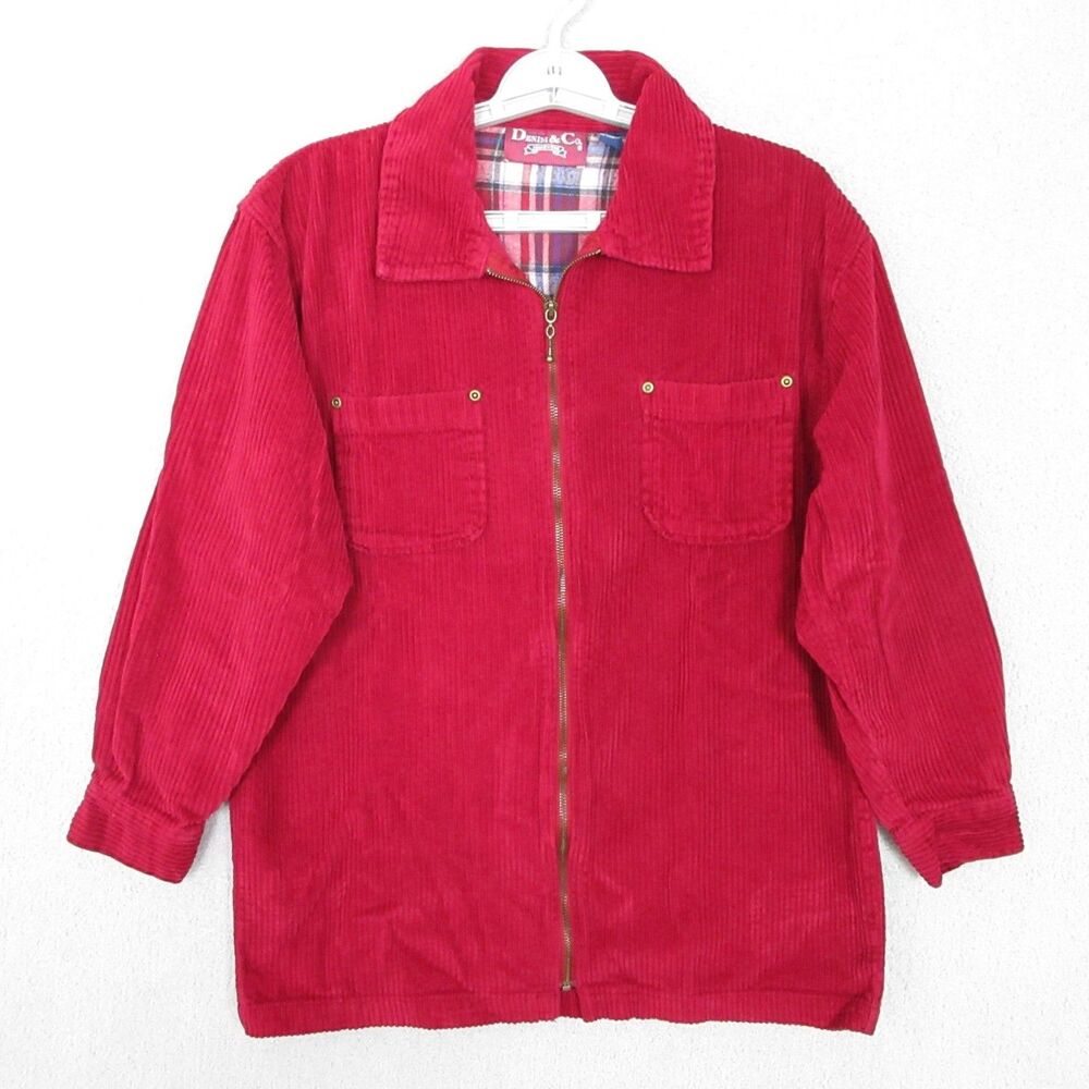 Denim & Co Jacket Womens S Red Corduroy Zip Front Plaid Lined Chore Utility Coat